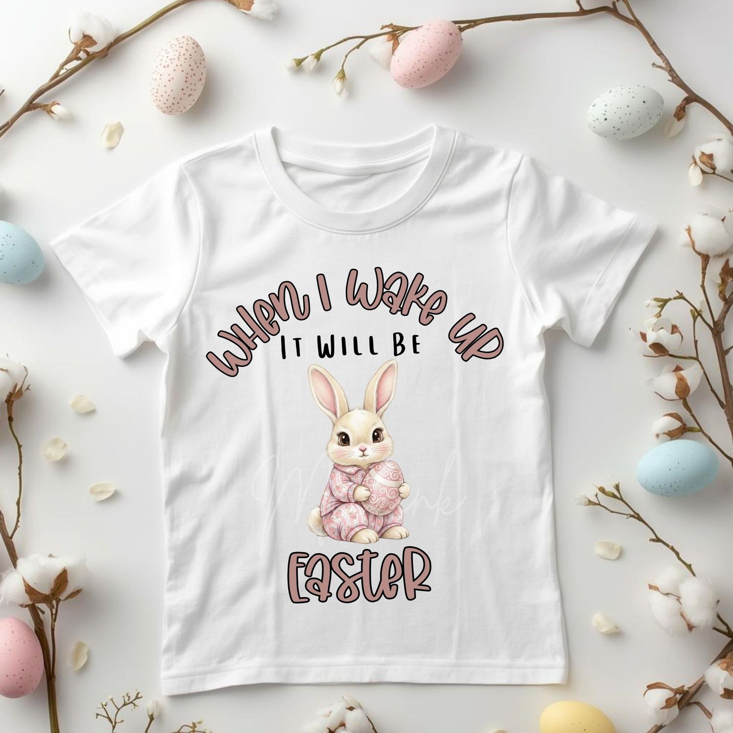 When I Wake Up Pink Bunny In Pyjamas Easter DTF or UVDTF Decal