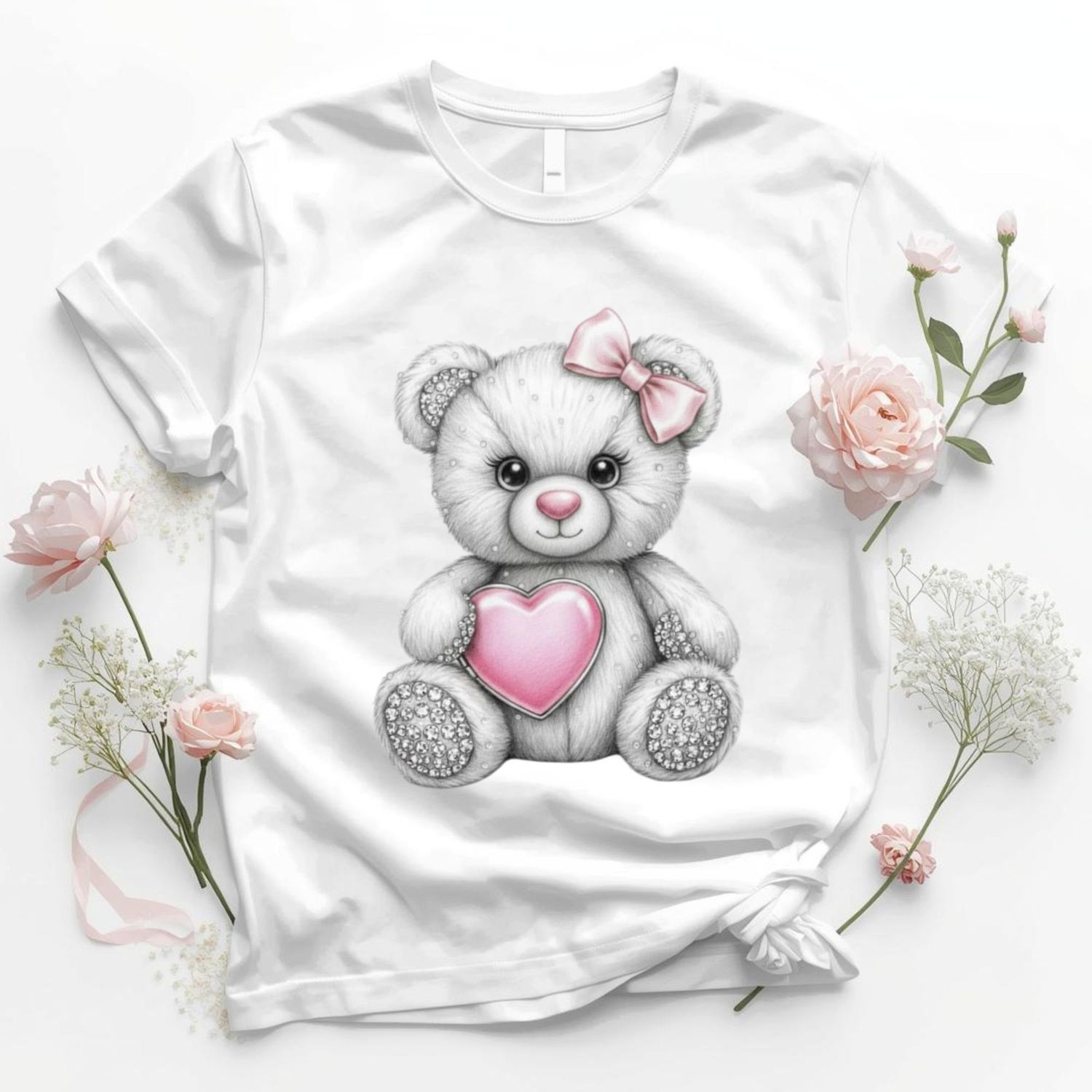 Rhinestone Effect Pink Heart Bear DTF or UVDTF Decal