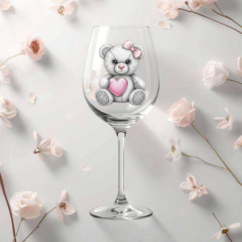 Rhinestone Effect Pink Heart Bear DTF or UVDTF Decal