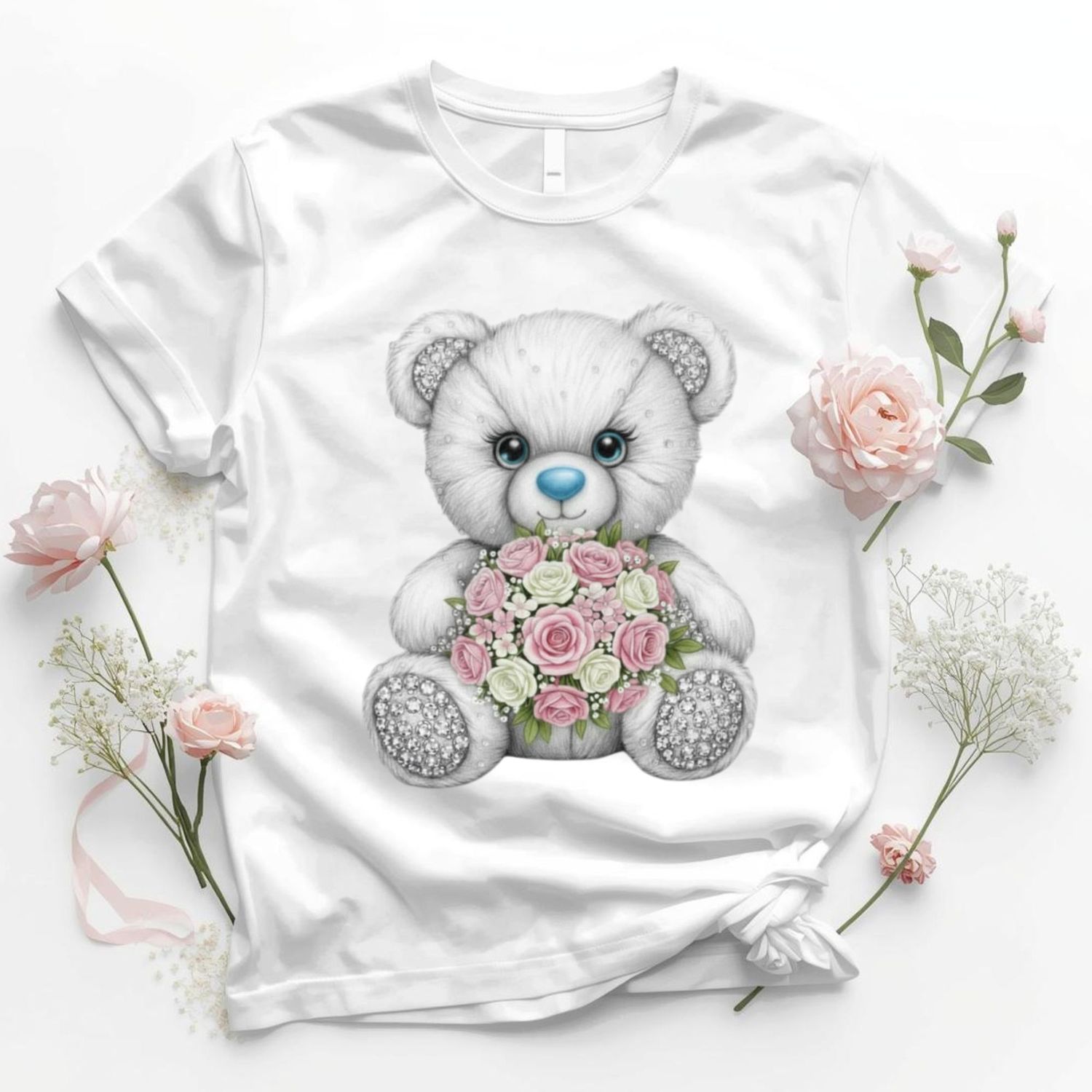 Rhinestone Effect Blue Floral Bear DTF or UVDTF Decal