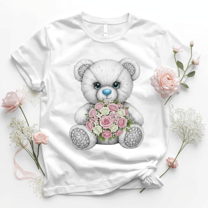 Rhinestone Effect Blue Floral Bear DTF or UVDTF Decal