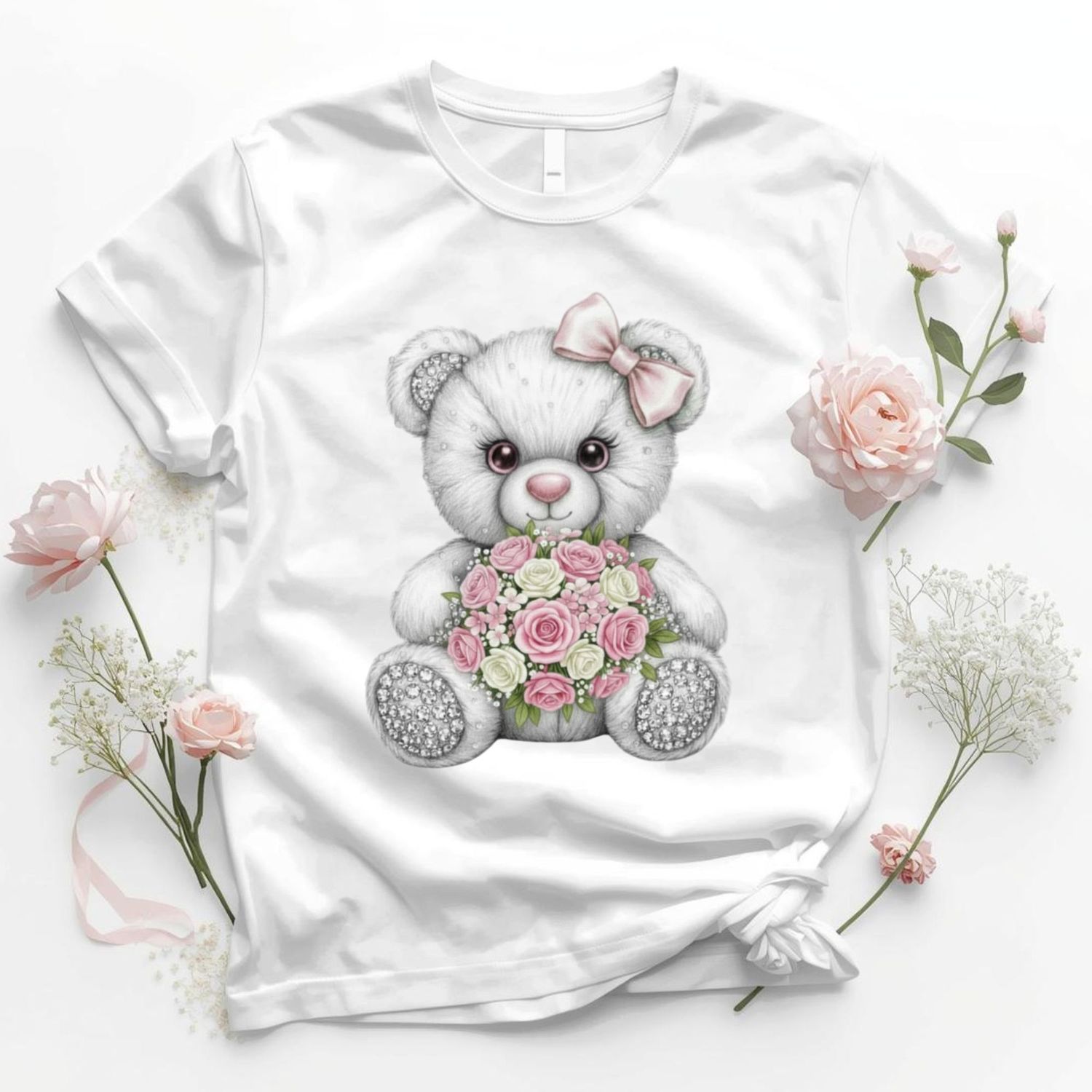 Rhinestone Effect Pink Floral Bear DTF or UVDTF Decal
