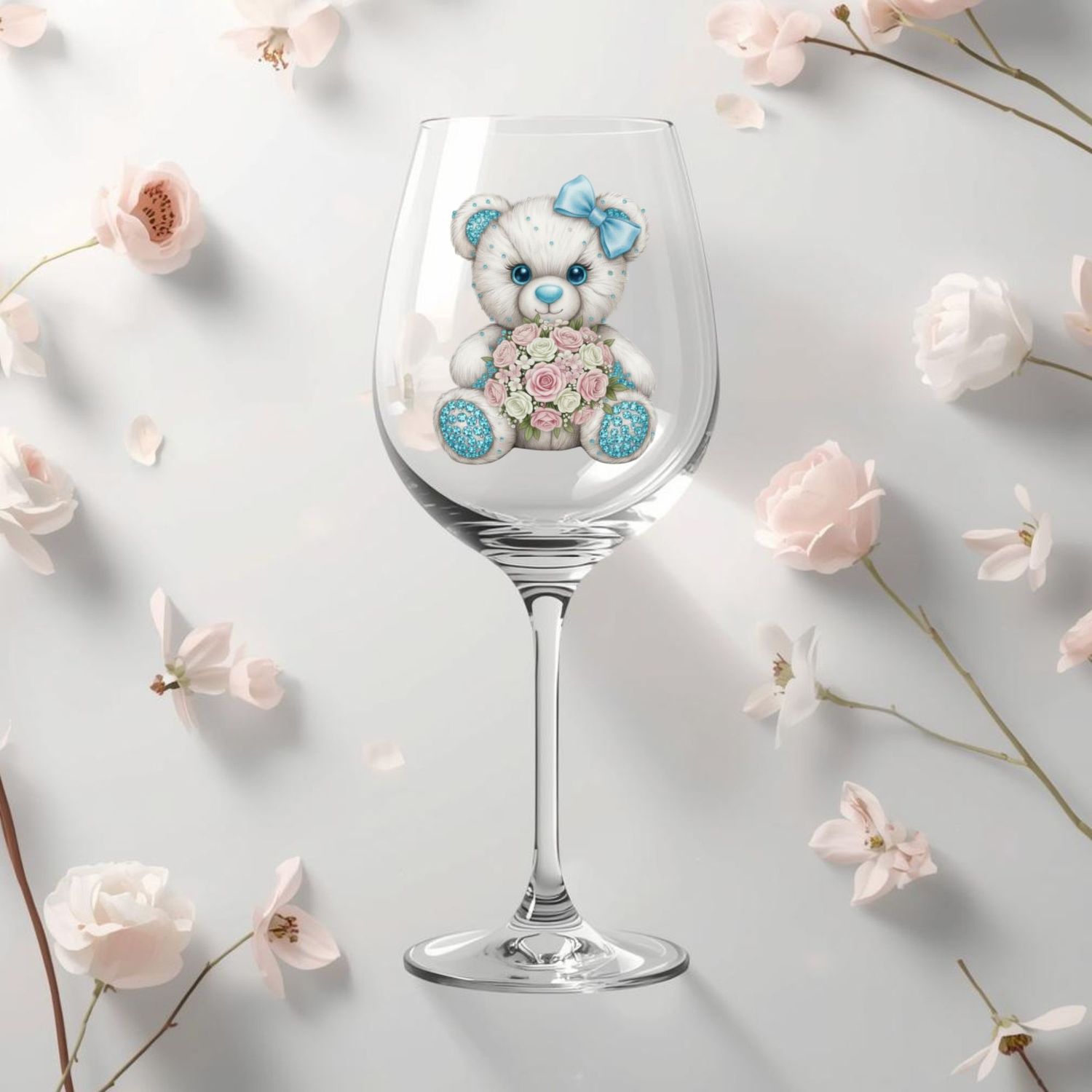 Rhinestone Effect Pale Blue Bow Floral Bear DTF or UVDTF Decal
