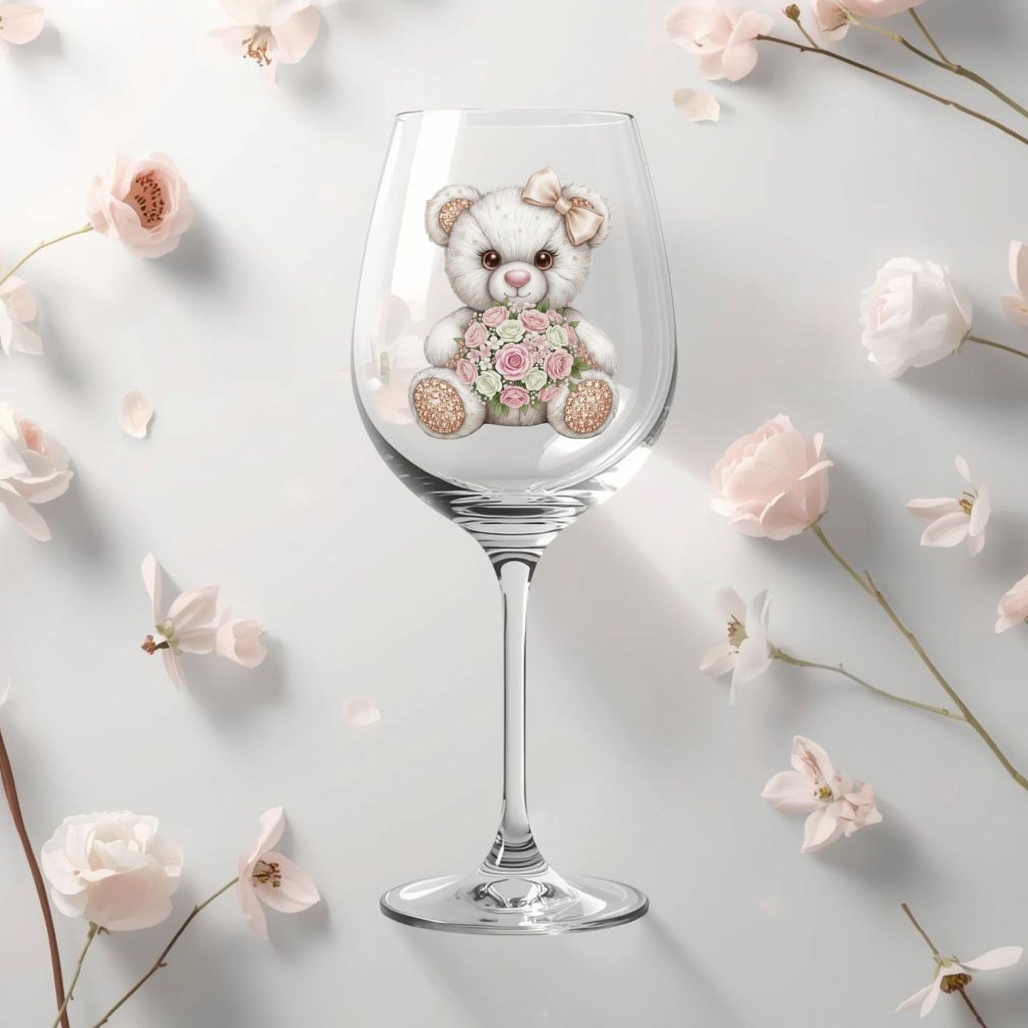 Rhinestone Effect Beige Bow Floral Bear DTF or UVDTF Decal