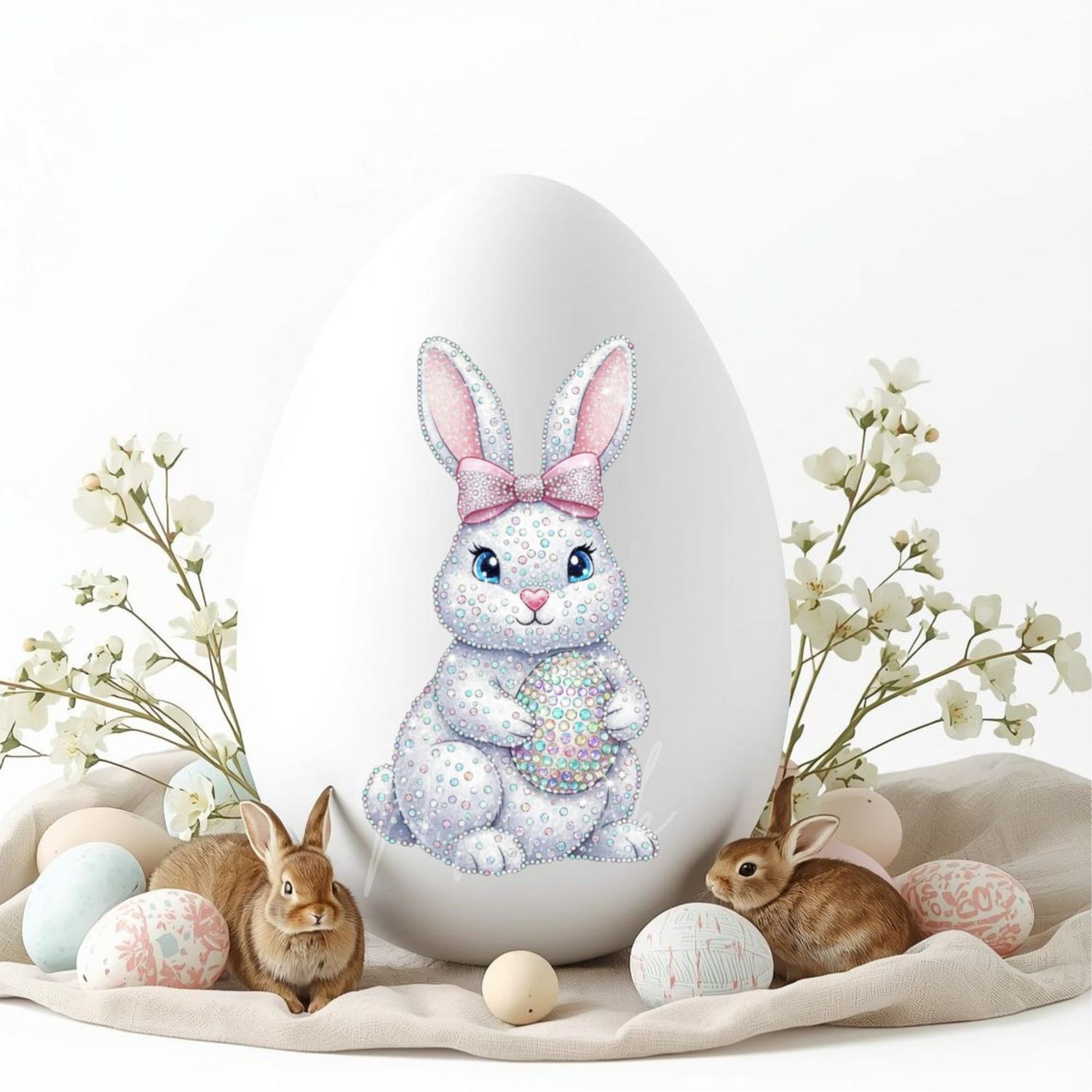 Rhinestone Effect White Easter Bunny Pink Hair Bow Easter Egg DTF or UVDTF Decal