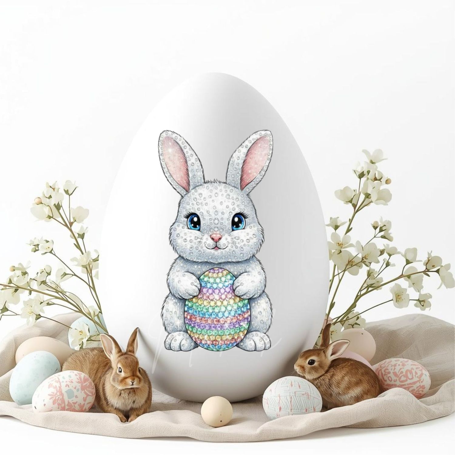 Rhinestone Effect White Easter Bunny Easter Egg DTF or UVDTF Decal