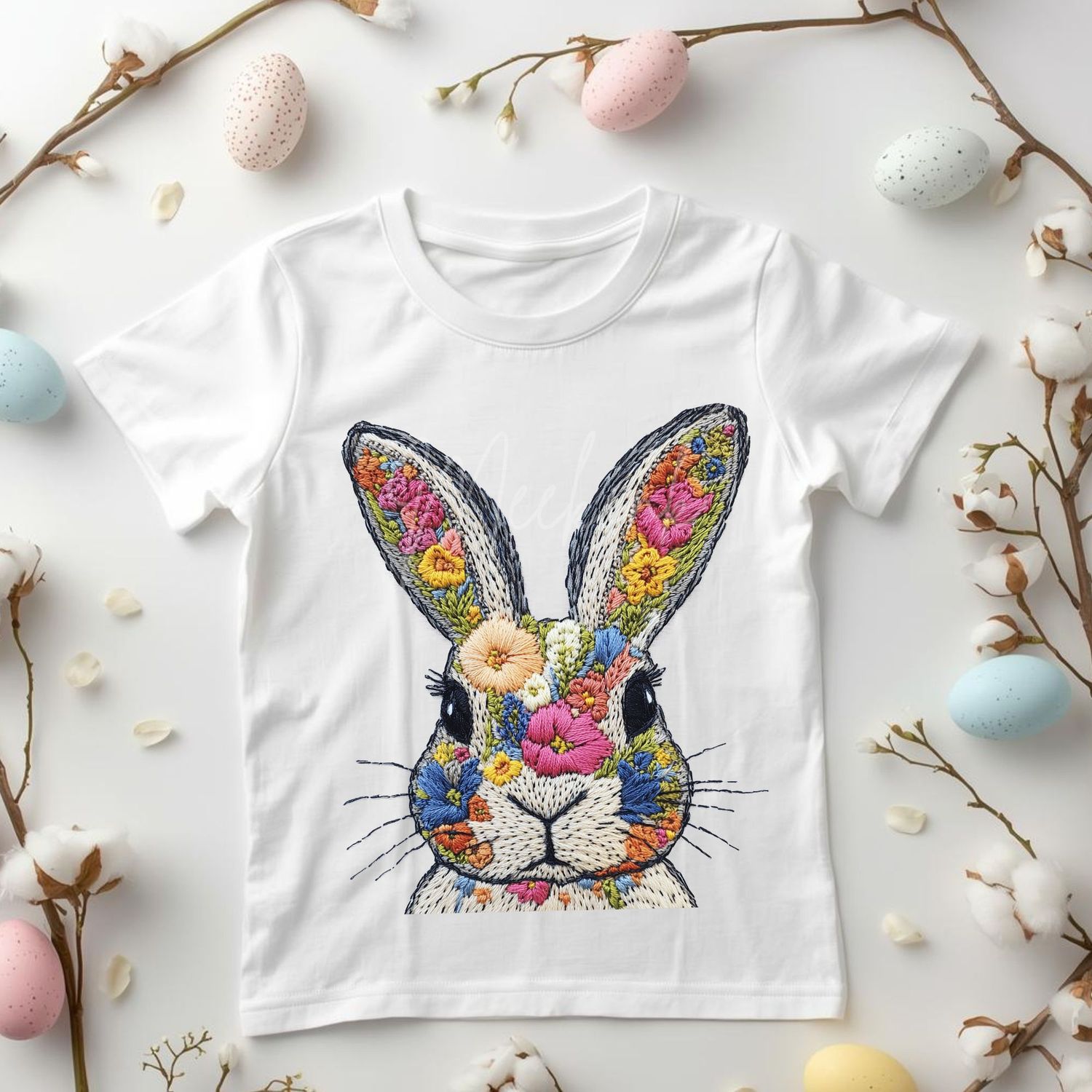 Faux Embroidery Effect Floral Bunny DTF or UVDTF Decal
