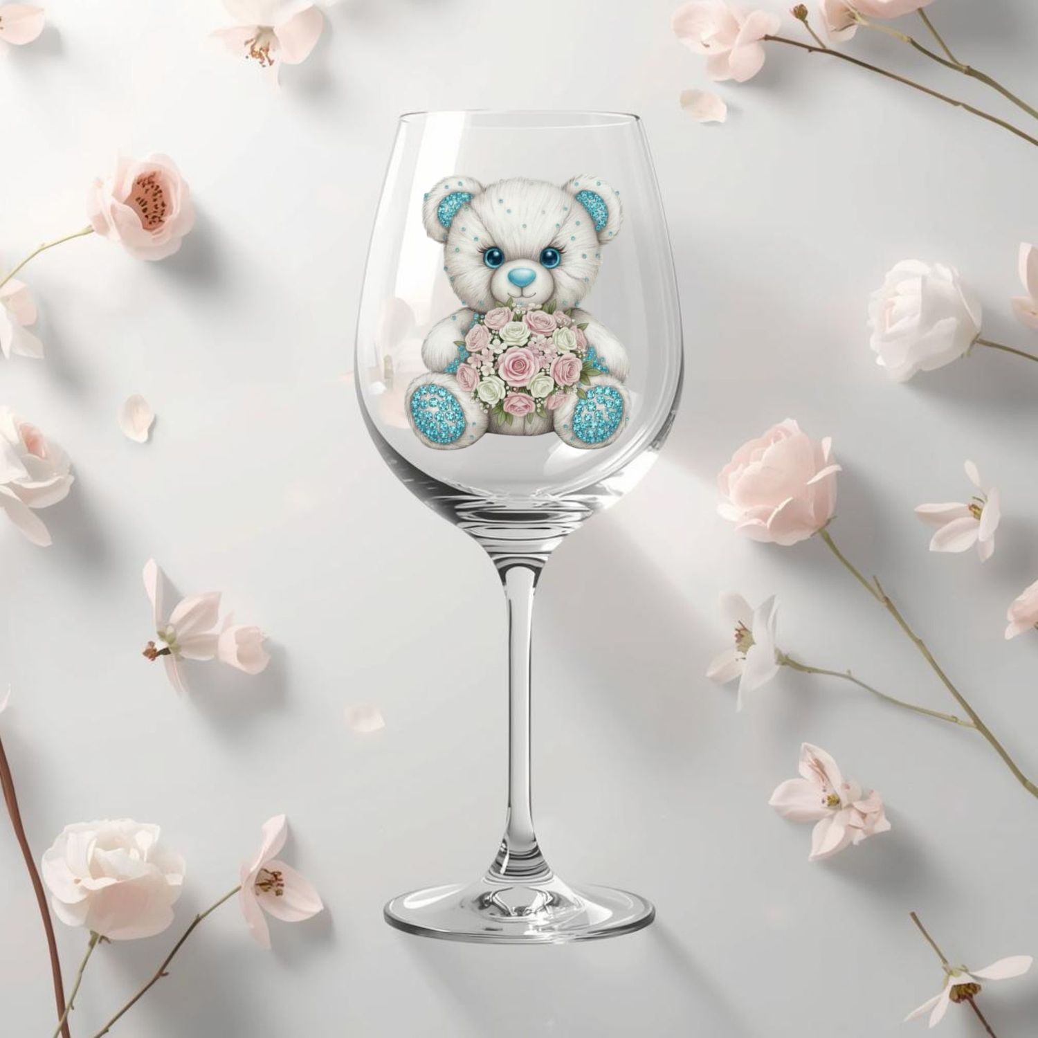 Rhinestone Effect Pale Blue Floral Bear DTF or UVDTF Decal
