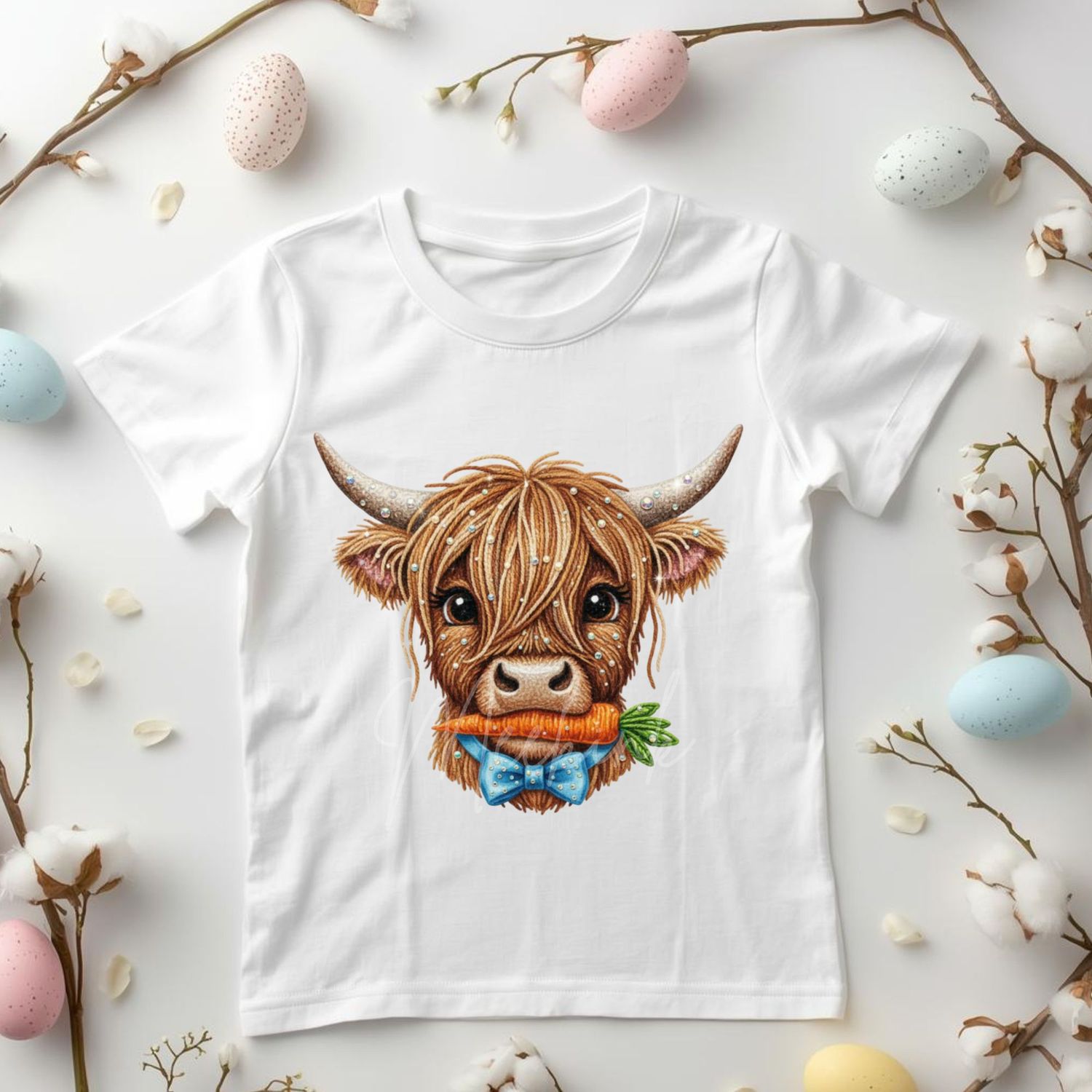 Rhinestone Effect Blue Dicky Bow Highland Cow DTF or UVDTF Decal