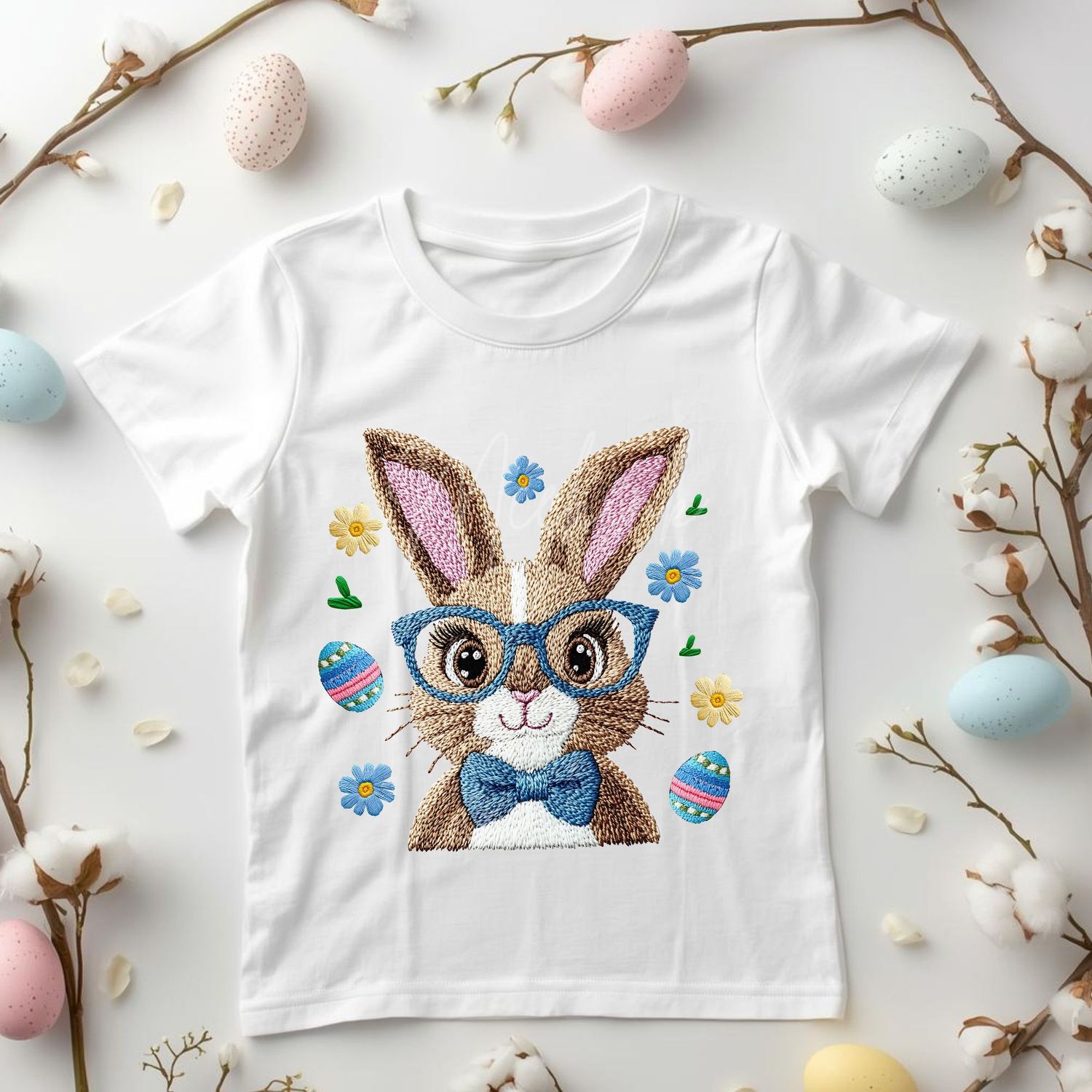 Faux Embroidery Effect Blue Bunny Glasses Easter Eggs DTF or UVDTF Decal