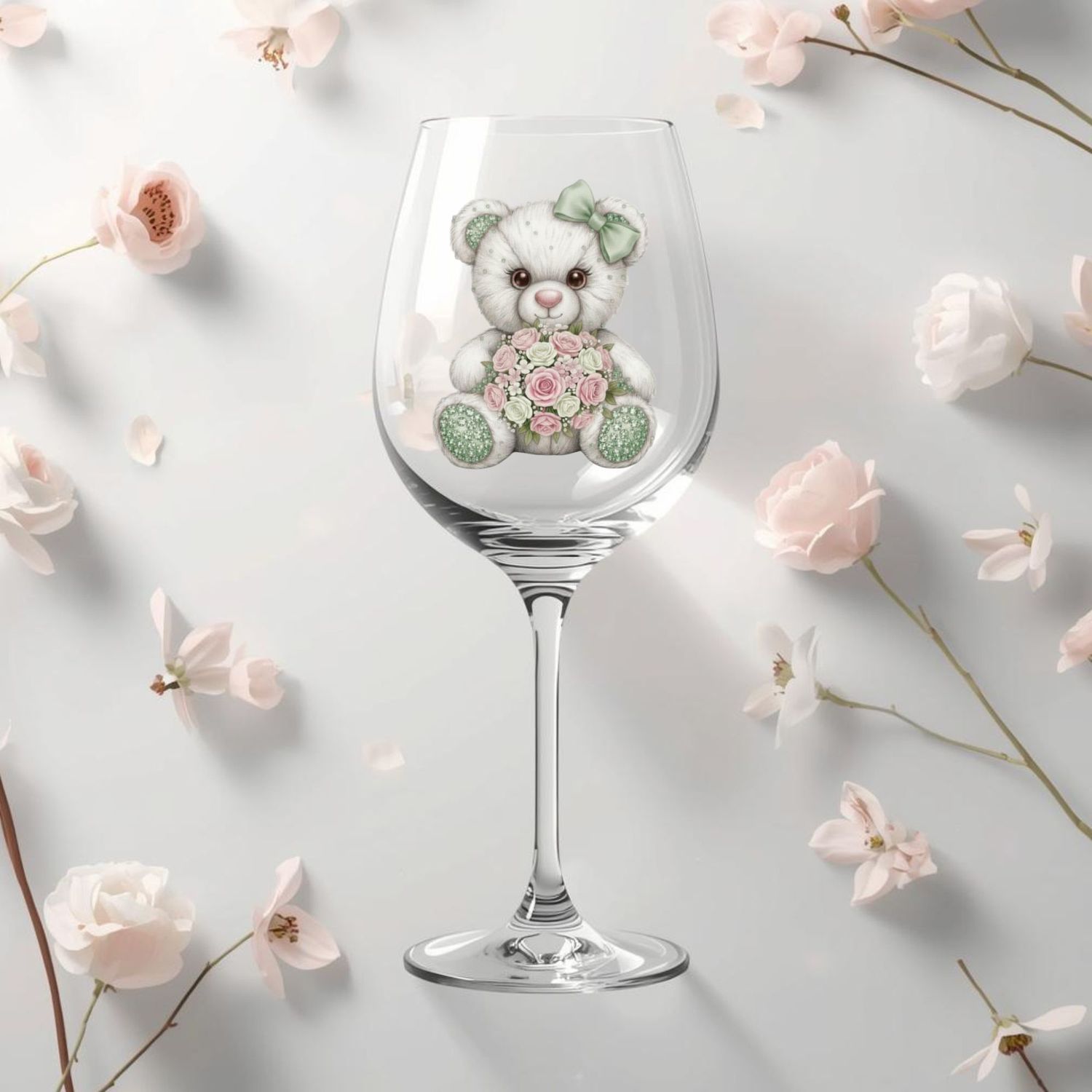 Rhinestone Effect Sage Green Bow Floral Bear DTF or UVDTF Decal