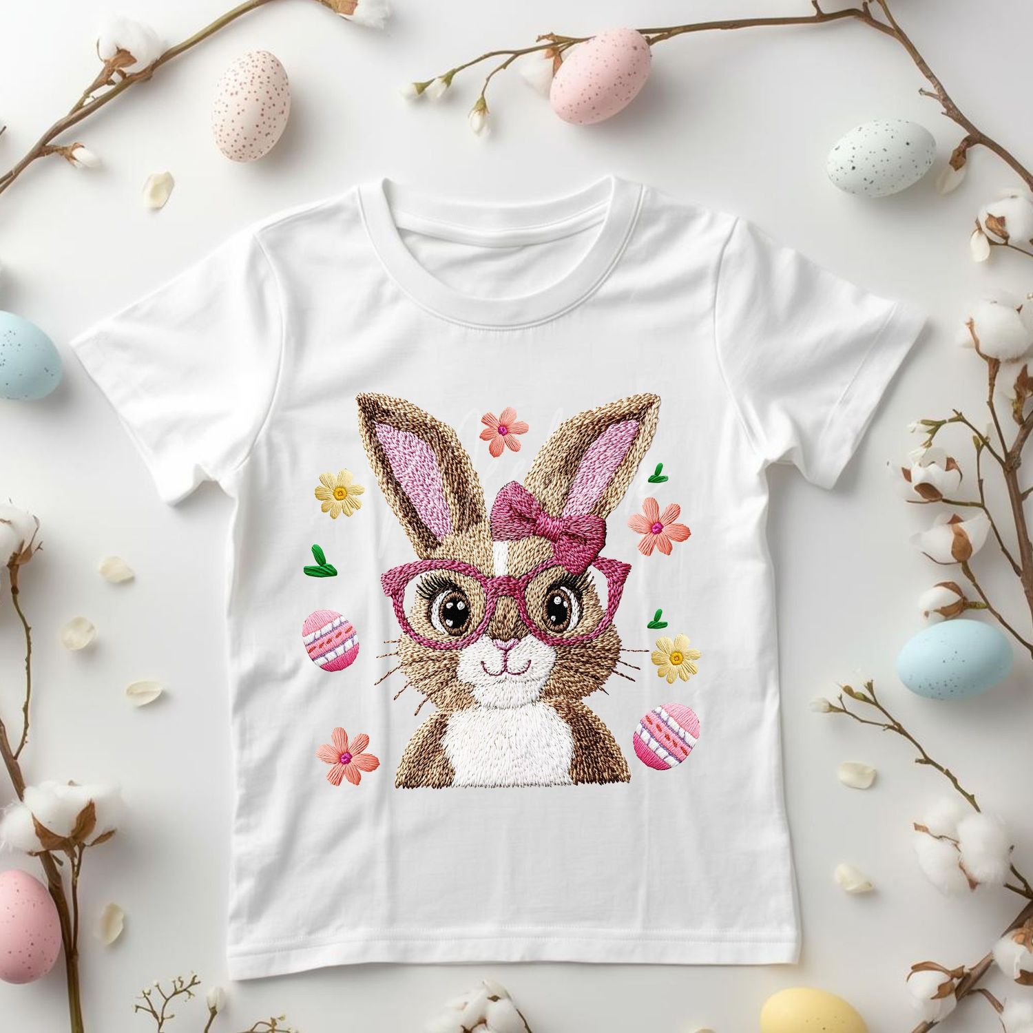 Faux Embroidery Effect Pink Bunny Glasses Easter Eggs DTF or UVDTF Decal