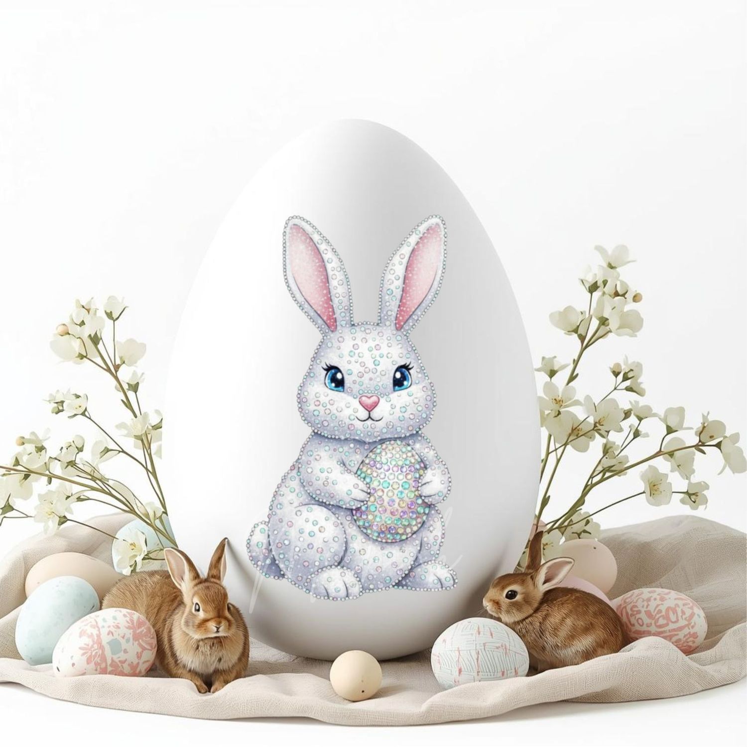 Rhinestone Effect White Easter Bunny DTF or UVDTF Decal
