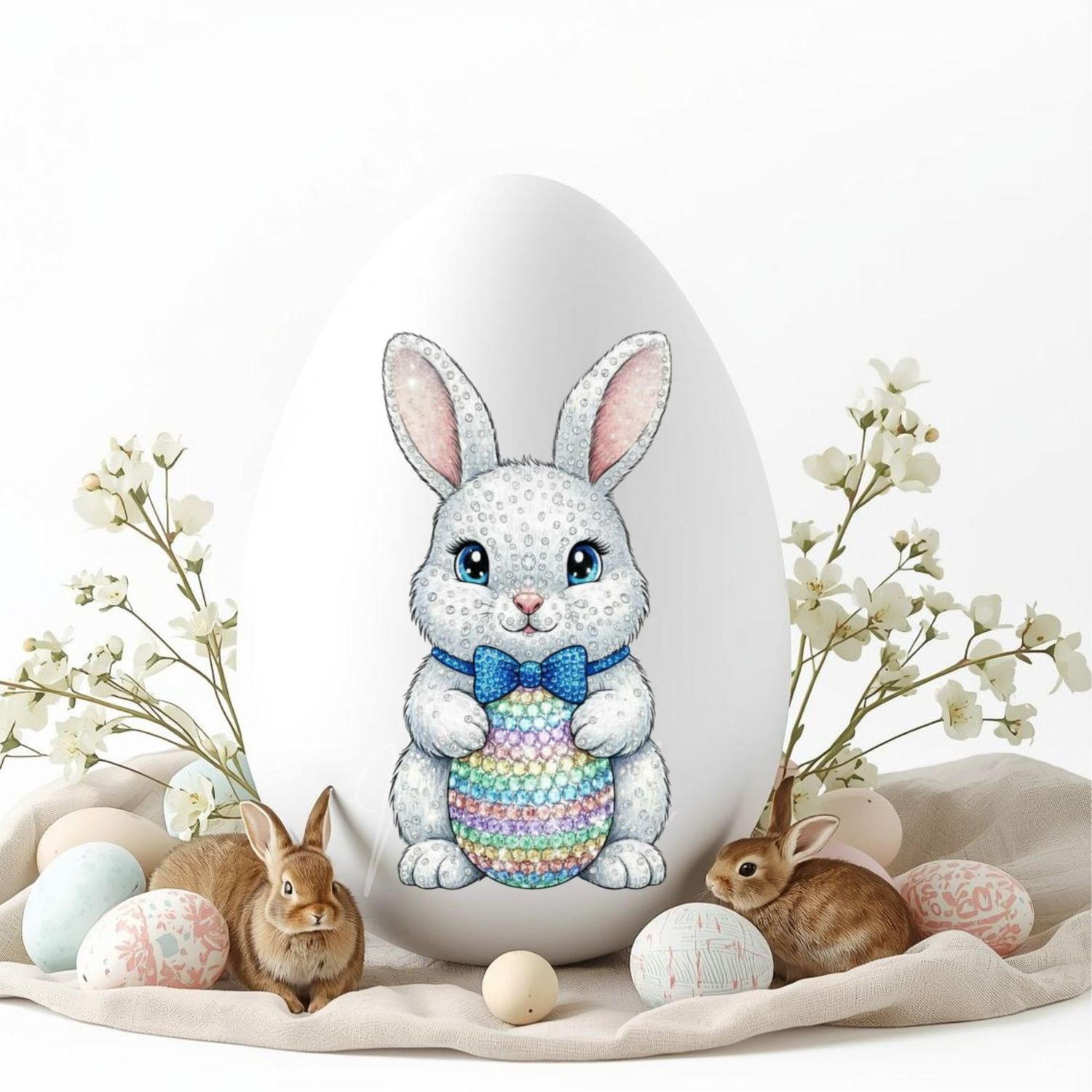 Rhinestone Effect White Easter Bunny Blue Dicky Bow DTF or UVDTF Decal
