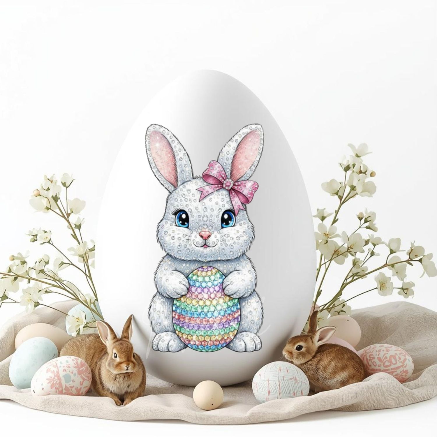 Rhinestone Effect White Easter Bunny Pink Hair Bow DTF or UVDTF Decal