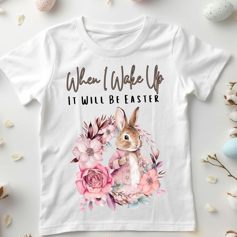 When I Wake Up Floral Wreath Bunny Pink DTF or UVDTF Decal