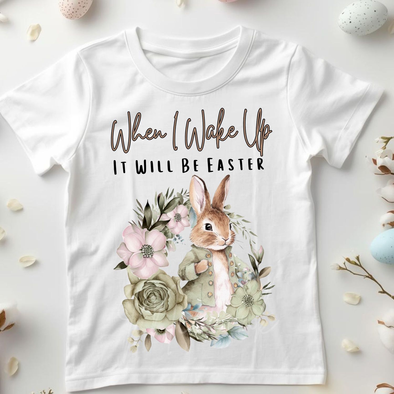 When I Wake Up Floral Wreath Bunny Sage Green  DTF or UVDTF Decal