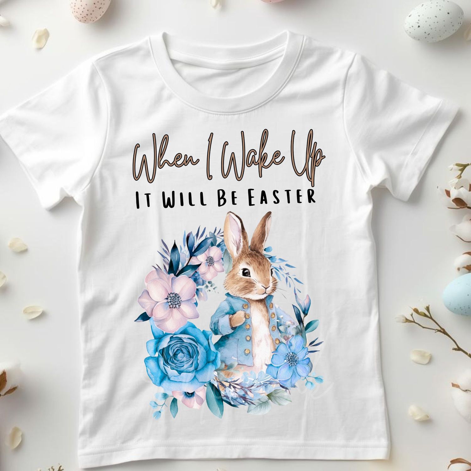 When I Wake Up Floral Wreath Bunny Blue DTF or UVDTF Decal