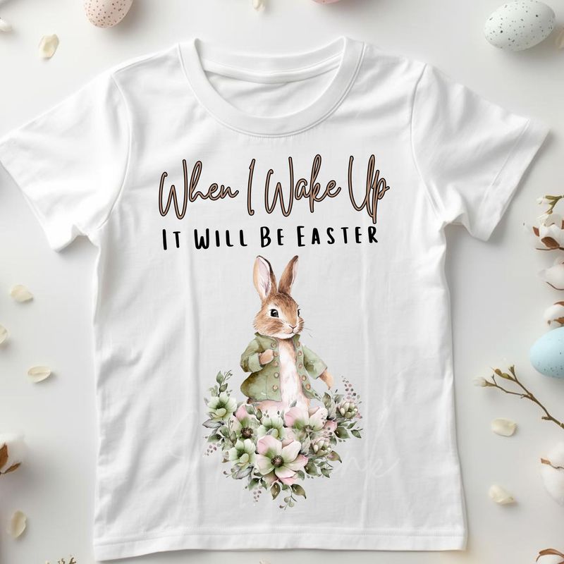 When I Wake Up Floral Bunny Sage Green DTF or UVDTF Decal