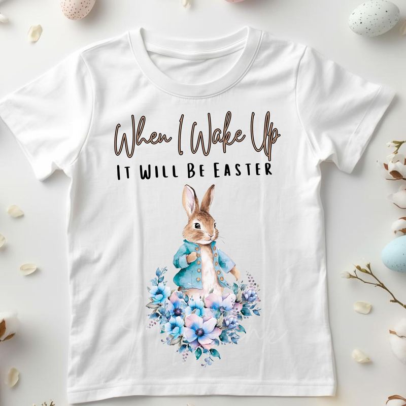 When I Wake Up Floral Bunny Blue DTF or UVDTF Decal