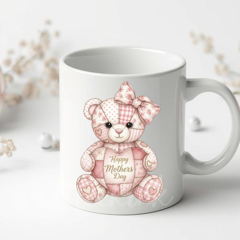 Patchwork Effect Pink Mothers Day Bear DTF or UVDTF Decal
