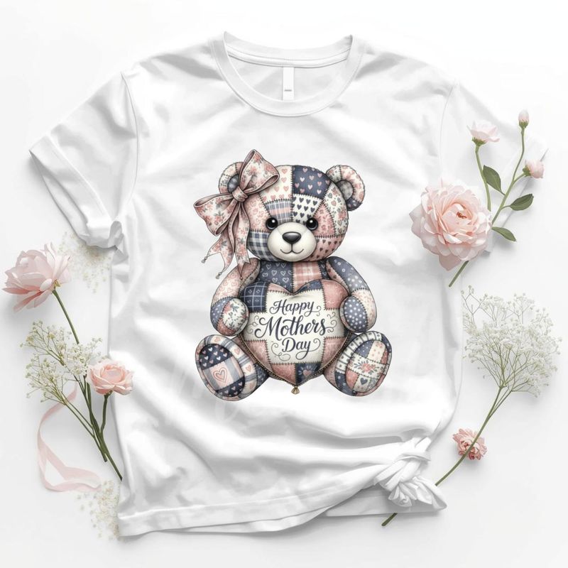 Patchwork Effect Blue &amp; Pink Mothers Day Bear DTF or UVDTF Decal