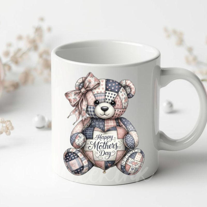 Patchwork Effect Blue &amp; Pink Mothers Day Bear DTF or UVDTF Decal
