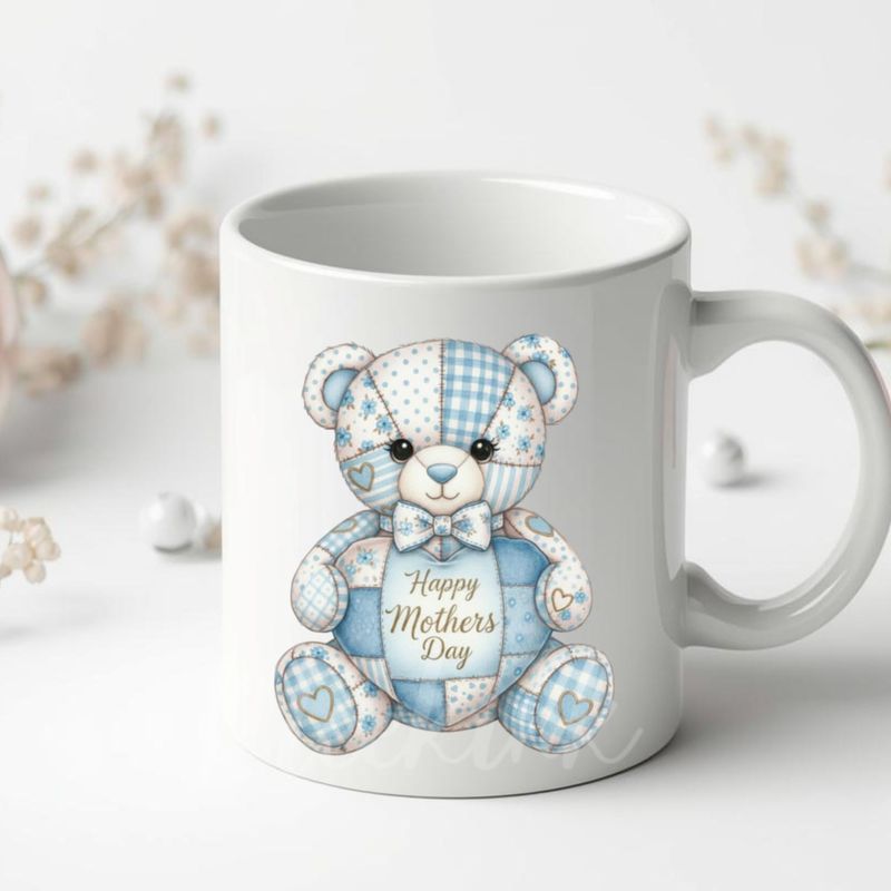 Patchwork Effect Blue Mothers Day Bear DTF or UVDTF Decal