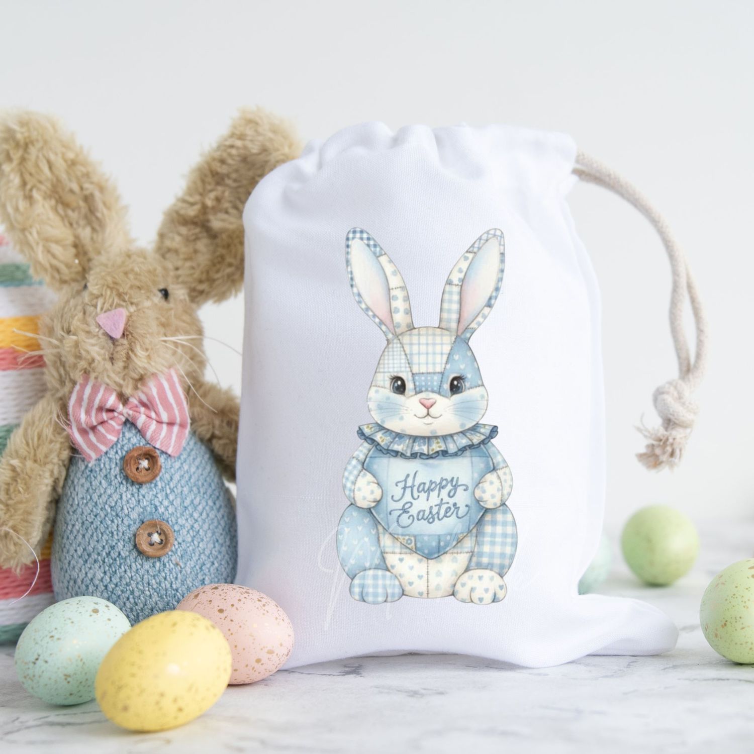 Patchwork Effect Blue Easter Bunny DTF or UVDTF Decal