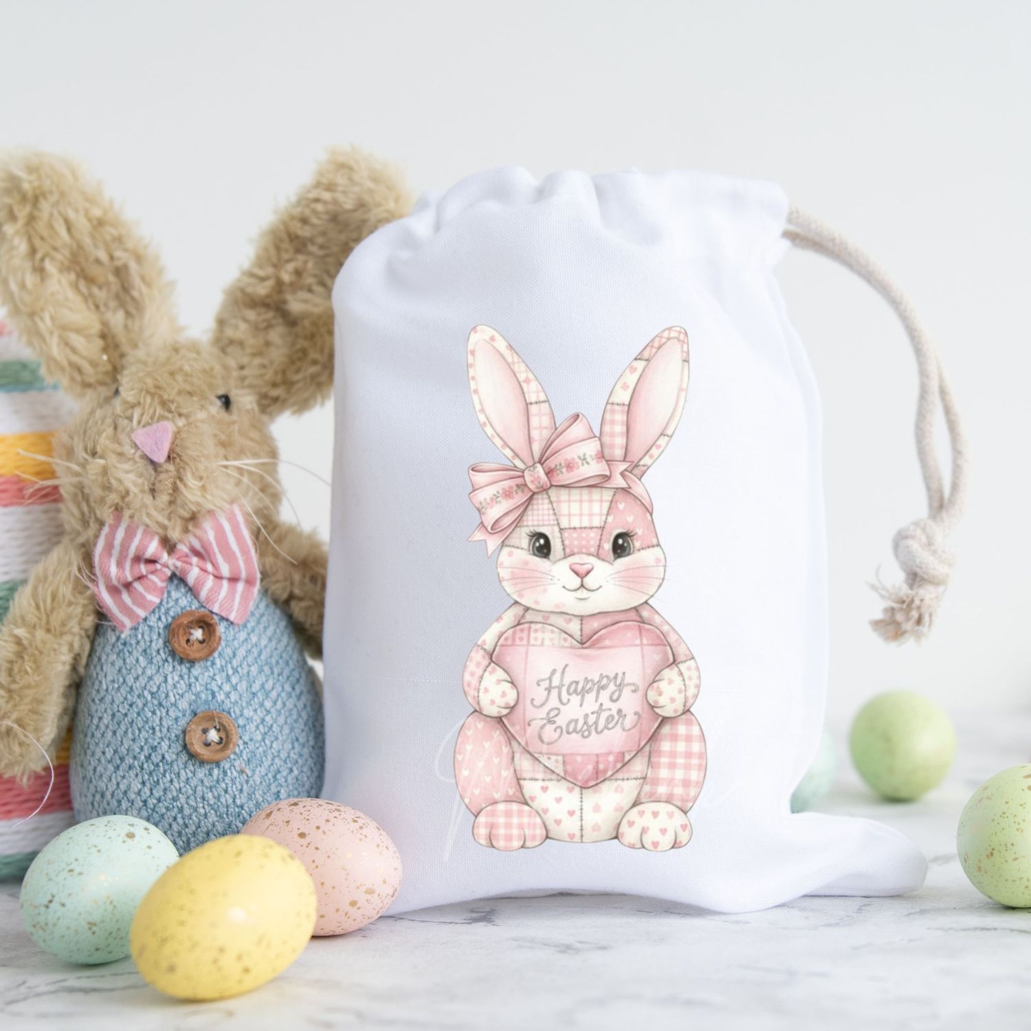 Patchwork Effect Pink Easter Bunny DTF or UVDTF Decal