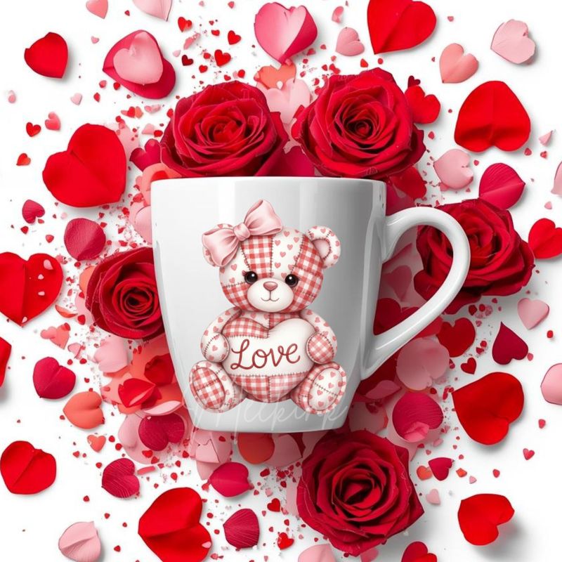 Patchwork Effect Valentines Bear Bow DTF or UVDTF Decal