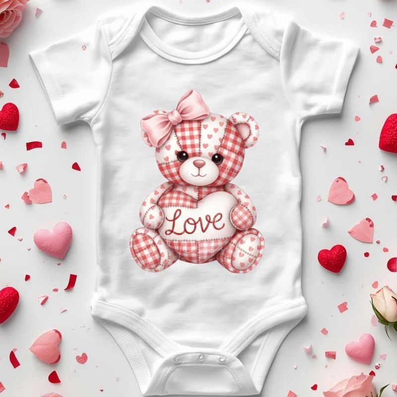 Patchwork Effect Valentines Bear Bow DTF or UVDTF Decal