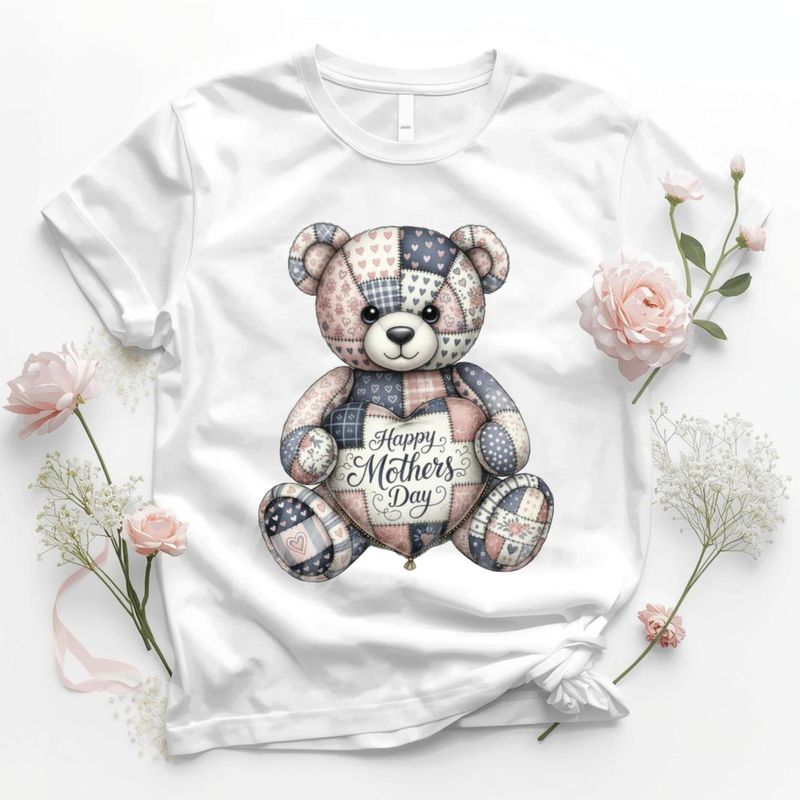 Patchwork Effect Blue &amp; Pink Mothers Day Bear DTF or UVDTF Decal