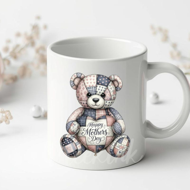Patchwork Effect Blue &amp; Pink Mothers Day Bear DTF or UVDTF Decal