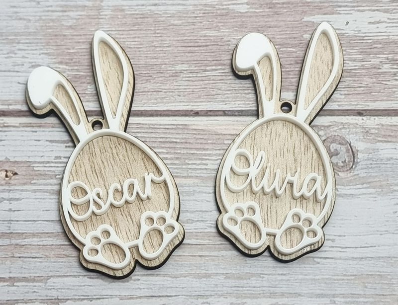 Personalised Easter Bunny Tags 9cm Plywood &amp; White Acrylic