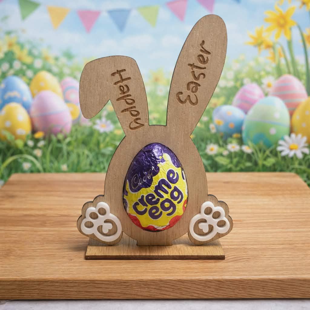 Bunny Chocolate Egg Holder- With Stand 3mm Plywood &amp; White Acrylic Blank