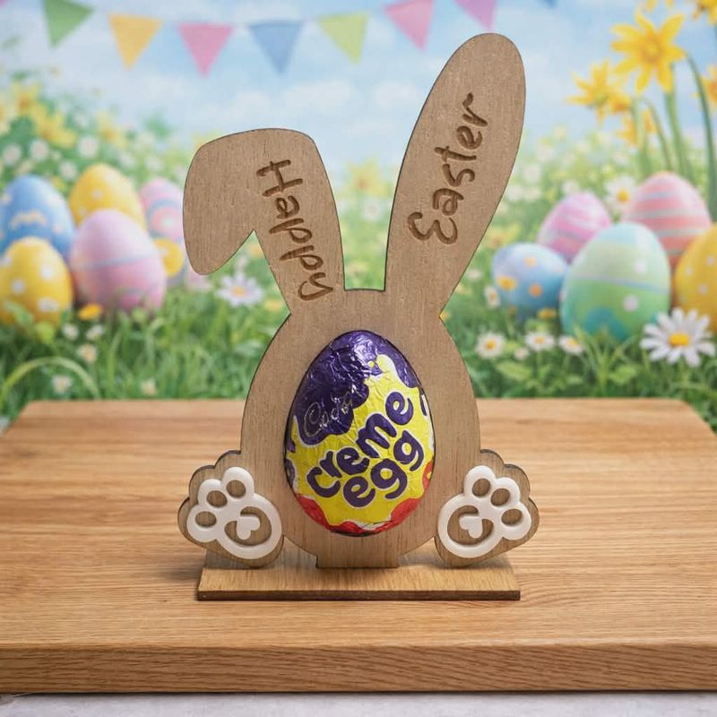 Bunny Chocolate Egg Holder- With Stand 3mm Plywood &amp; White Acrylic Blank