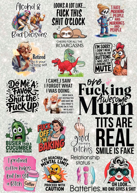 Sweary/ Sarcastic Sheet 1 A3 UVDTF - DTF or SUB