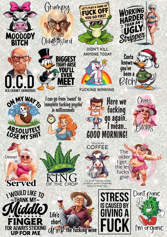 Sweary/ Sarcastic Sheet 3 A3 UVDTF - DTF or SUB