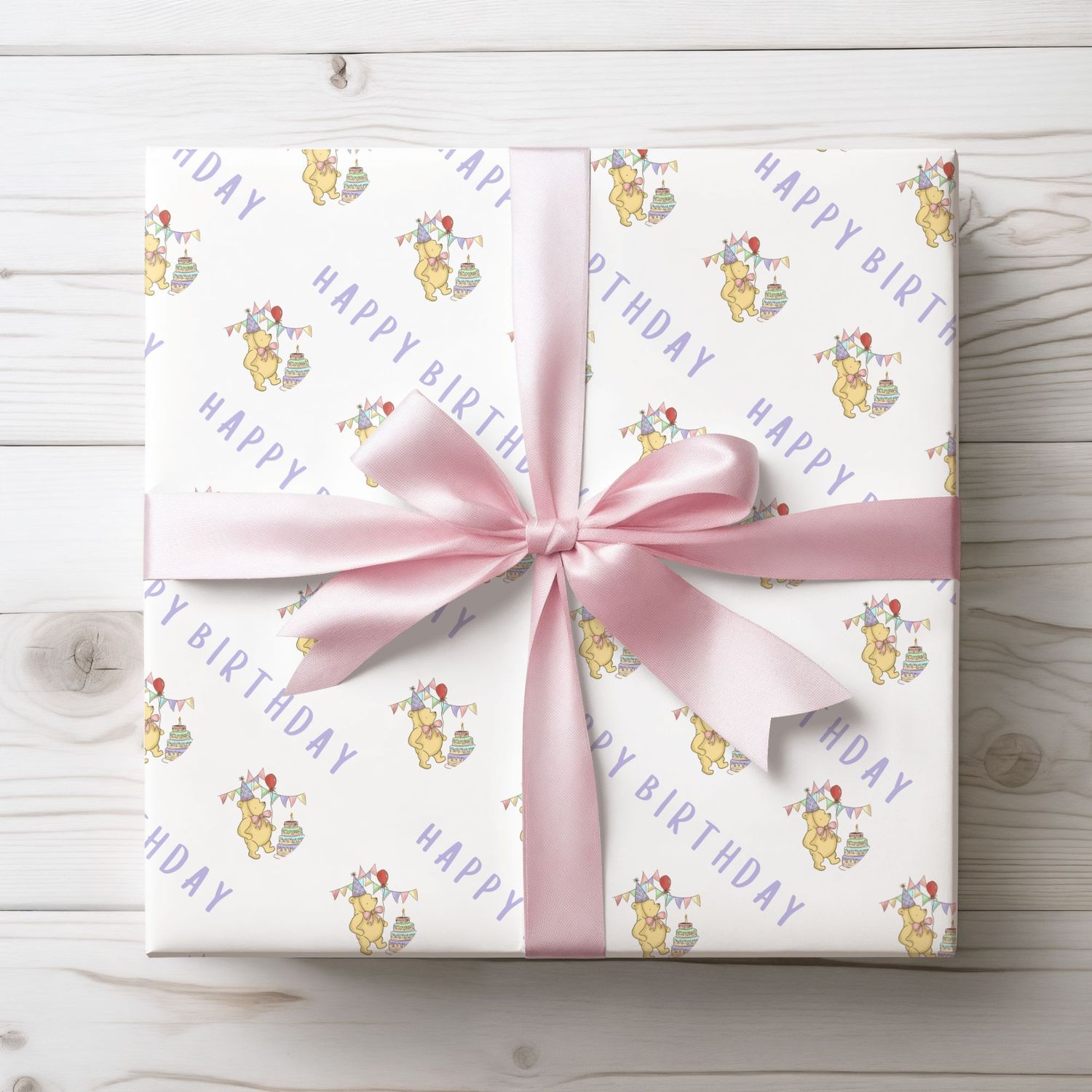 Party Hat Bear Pink Bow Birthday Wrap