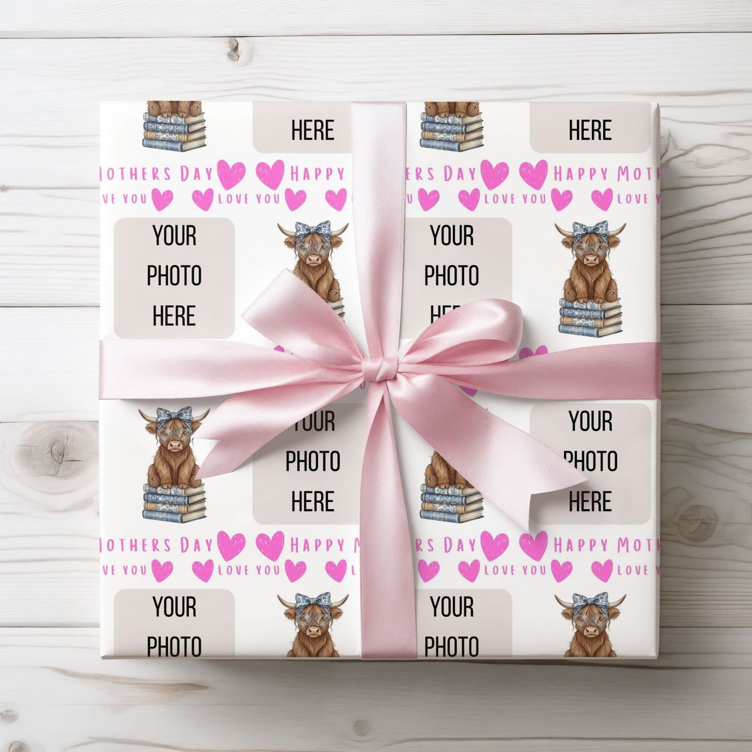 Floral Highland Cow Photo Upload Mothers Day Wrap Pink