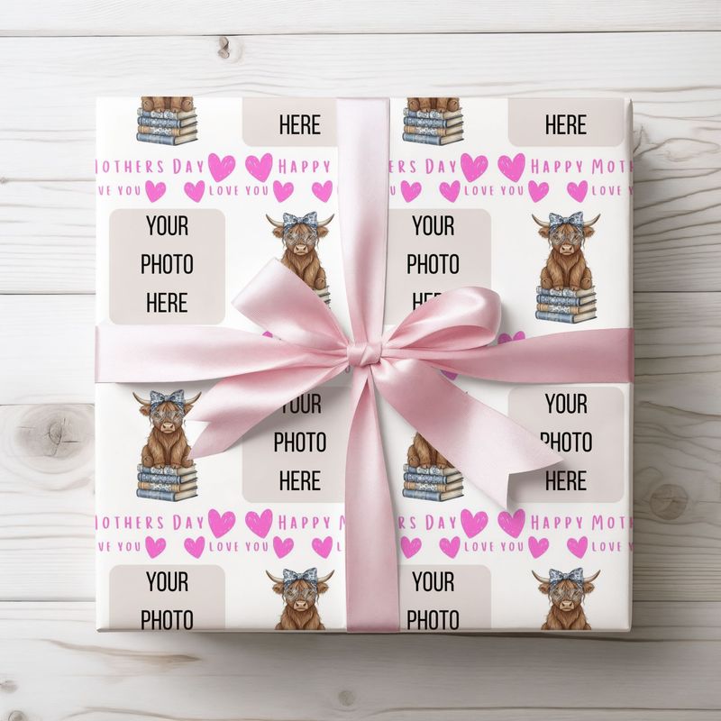Floral Highland Cow Photo Upload Mothers Day Wrap Pink