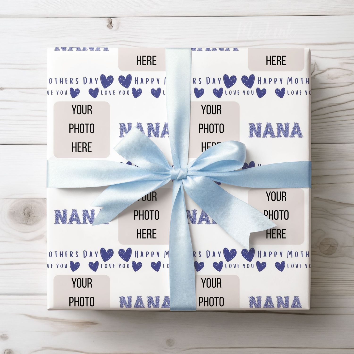 Floral Text Photo Upload Mothers Day Wrap Blue