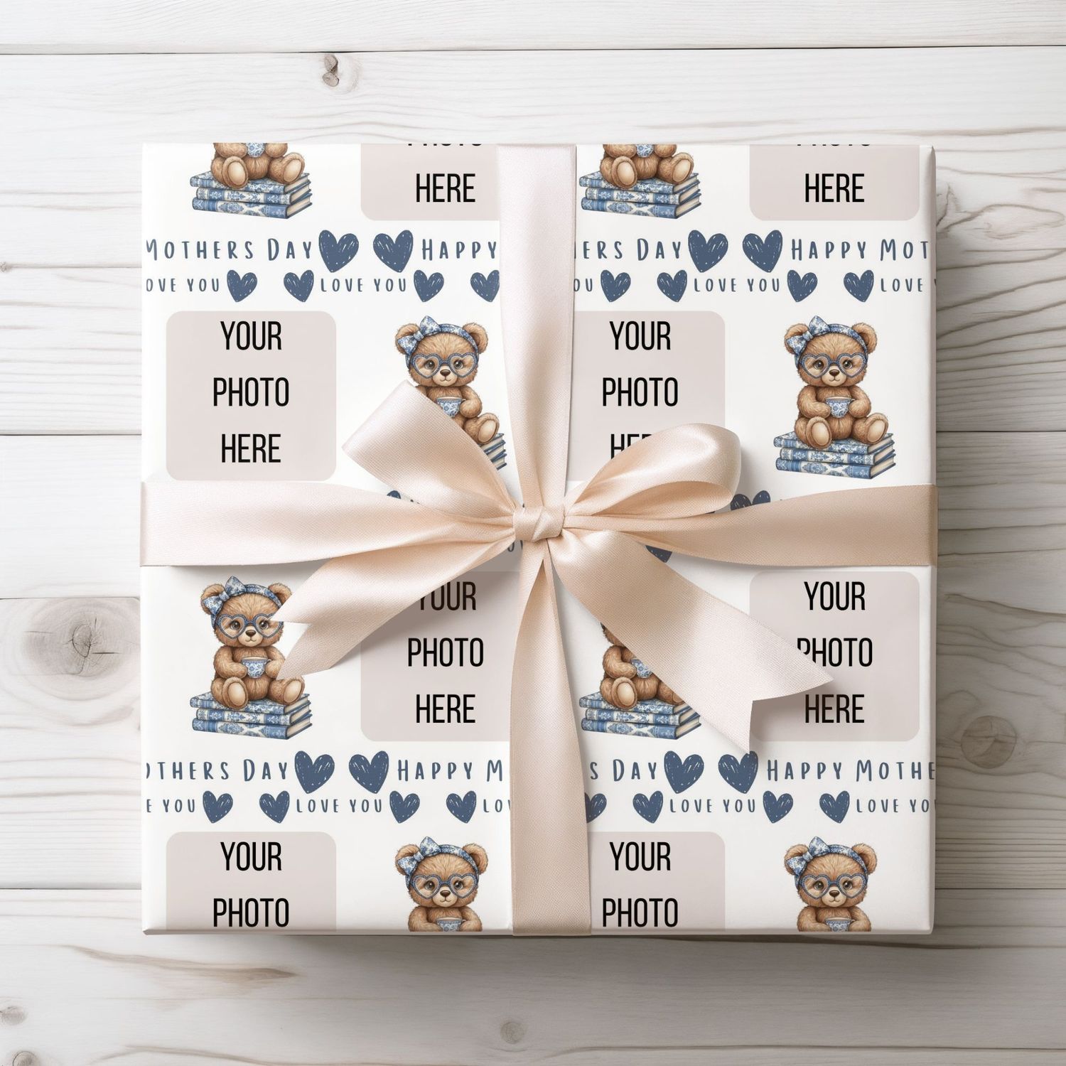 Floral Ted Photo Upload Mothers Day Wrap Blue