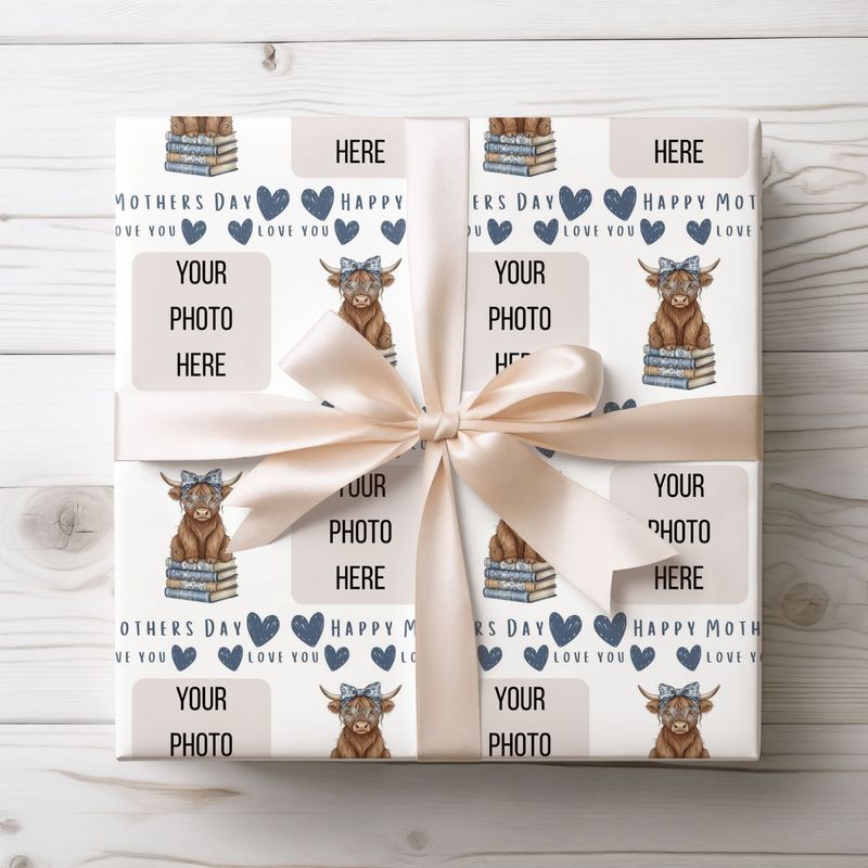 Floral Highland Cow Photo Upload Mothers Day Wrap Blue