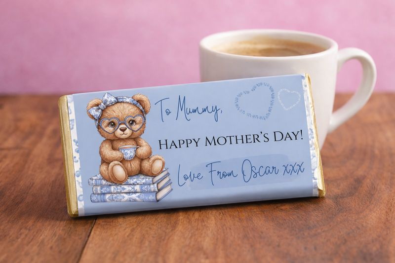 Personalised Blue Book Ted Mothers Day Chocolate Bar Wrapper
