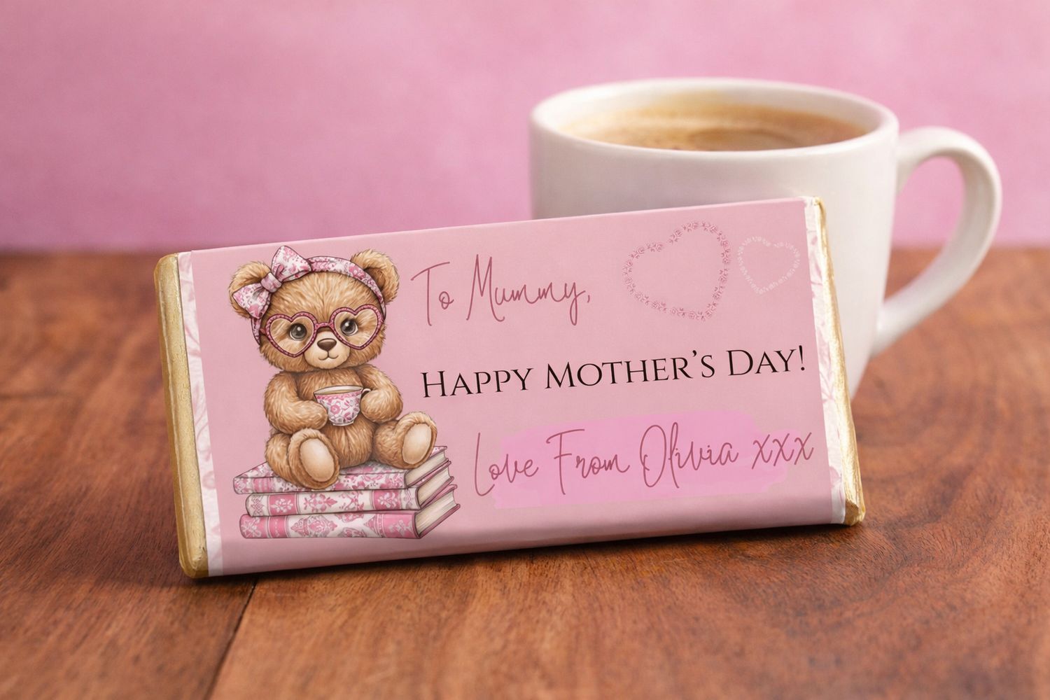 Personalised Pink Book Ted Mothers Day Chocolate Bar Wrapper