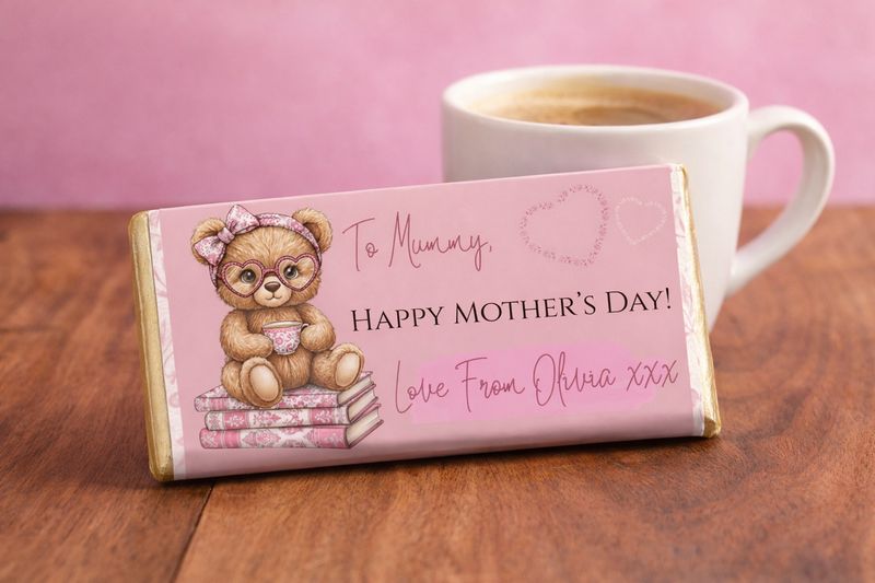 Personalised Pink Book Ted Mothers Day Chocolate Bar Wrapper