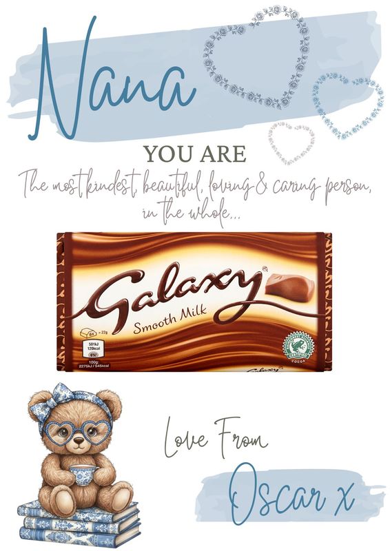 Personalised Blue Book Ted Mothers Day Chocolate Bar A4 Sheet