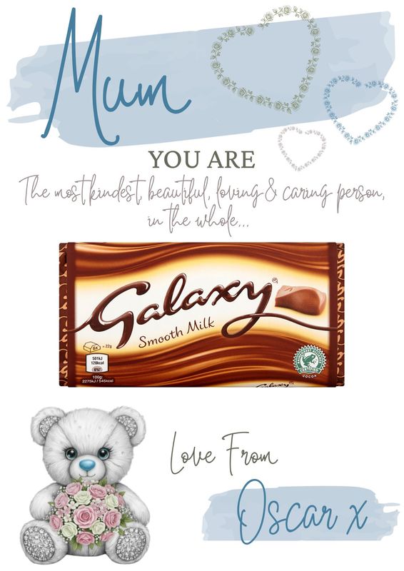 Personalised Blue Rhinestone Ted Mothers Day Chocolate Bar A4 Sheet